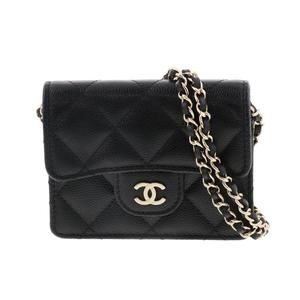 CHANEL Mattress Chain Shoulder Card Case Bag Messenger Cabiaskin Black A